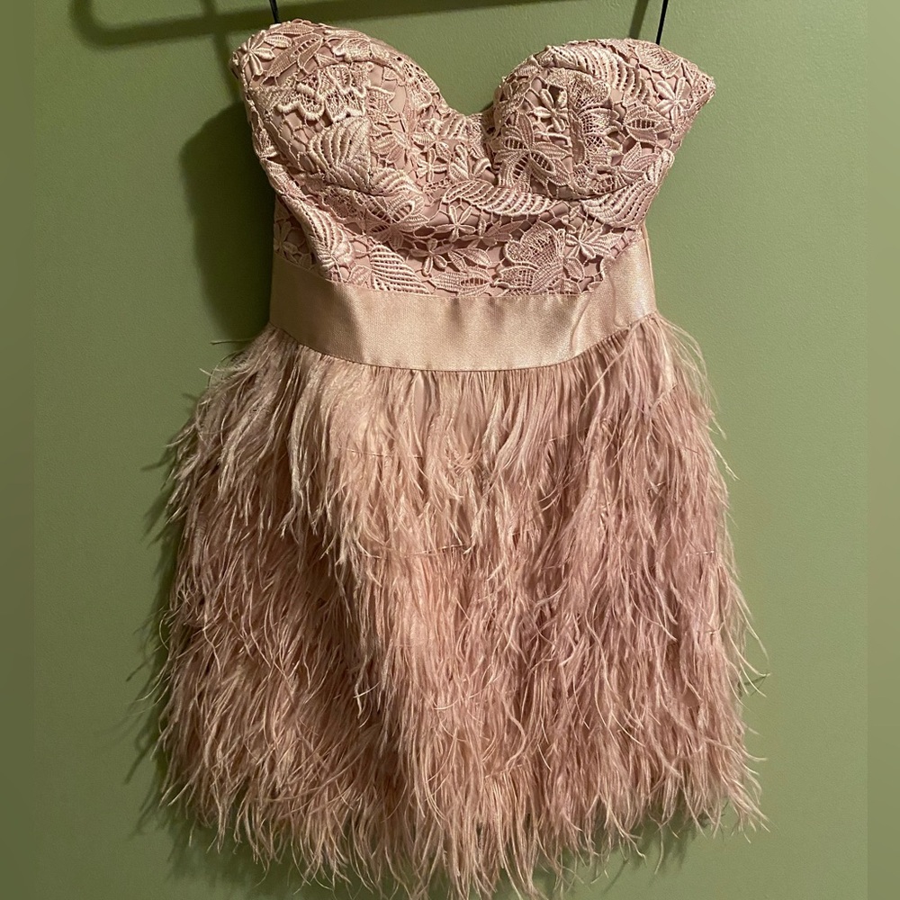 Bebe strapless feather mini dress